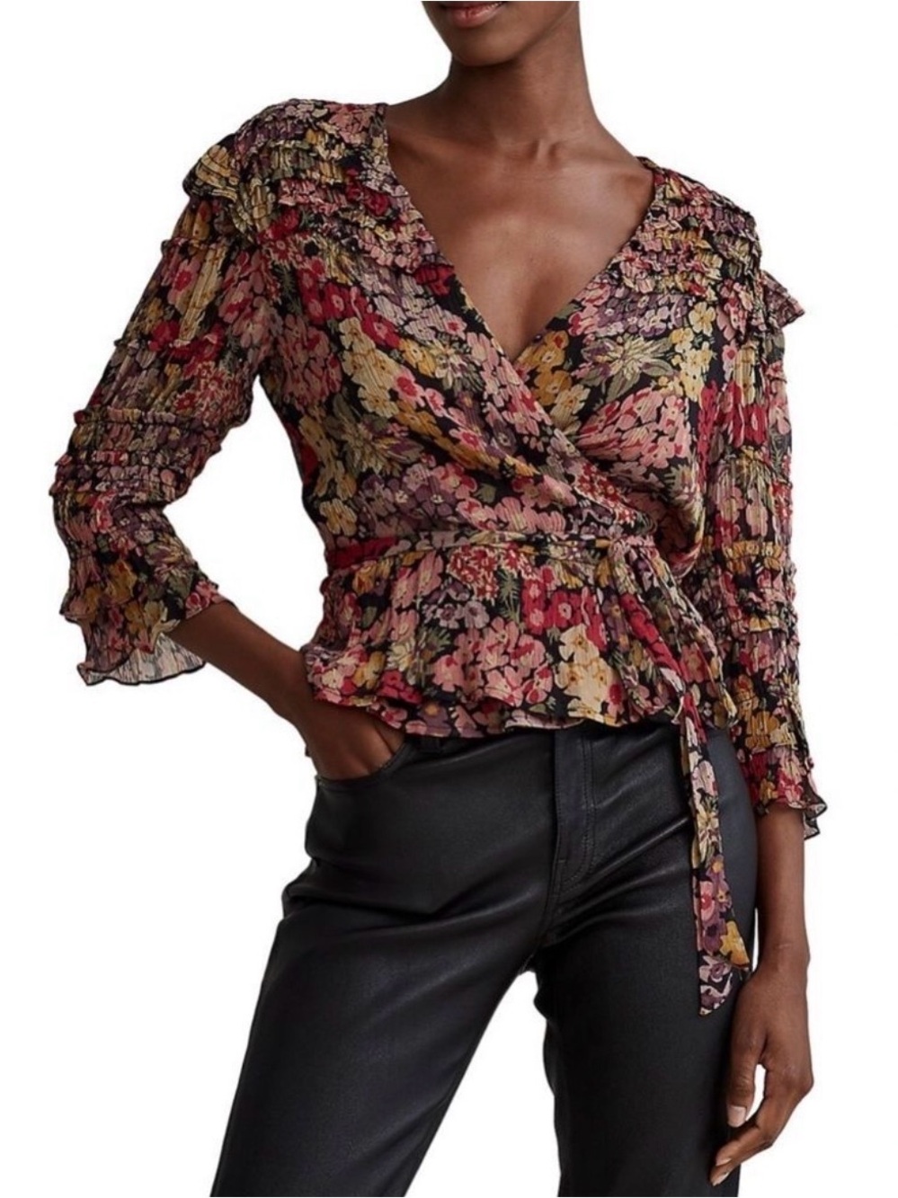 Polo Ralph Lauren Floral Wrap Tie Blouse Ruffle Peplum Boho Romantic Size S